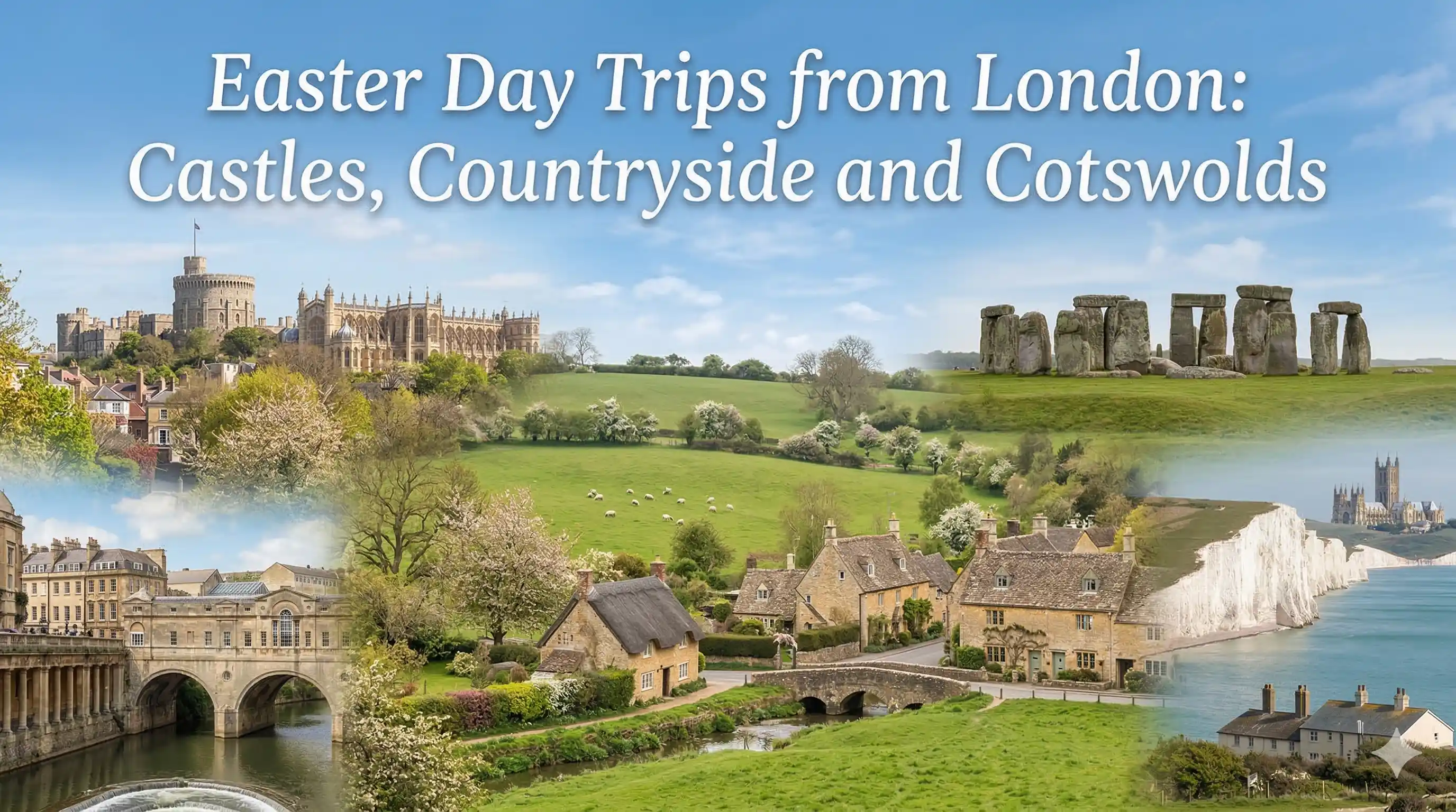Day trips from London for Easter 2026. Windsor Castle, Stonehenge, Bath, the Cotswolds, Canterbury and Hampton Court with prices and tips.