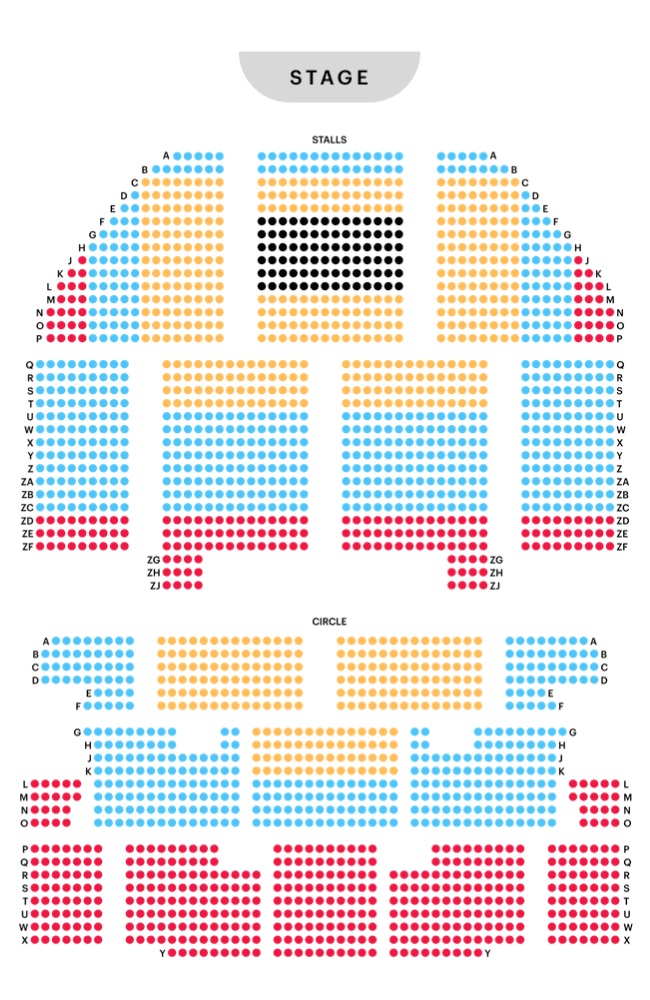 Plano de asientos del Apollo Victoria Theatre de Londres, hogar en el West End de Wicked.