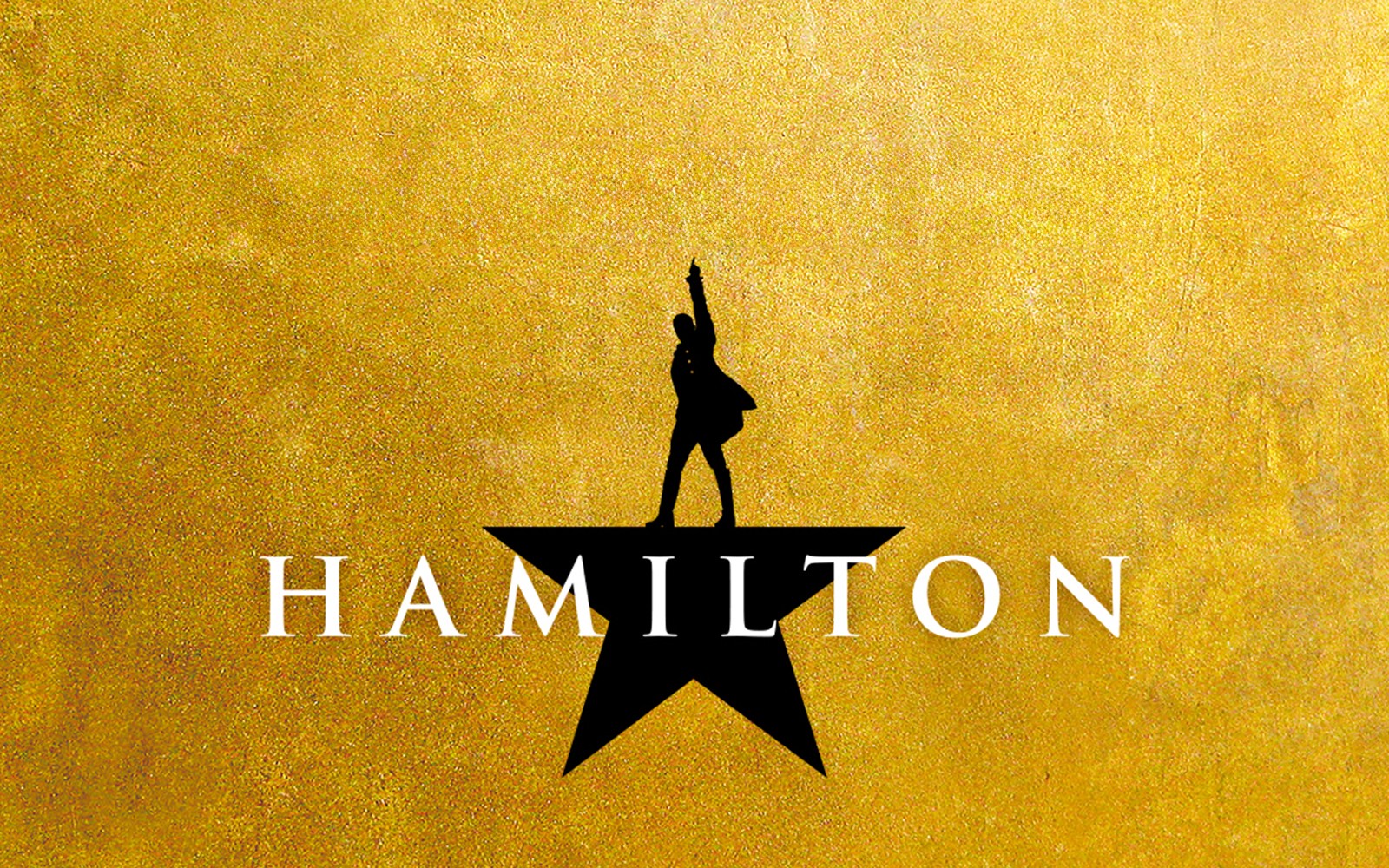 Hamilton musical logo with silhouette on a gold background.