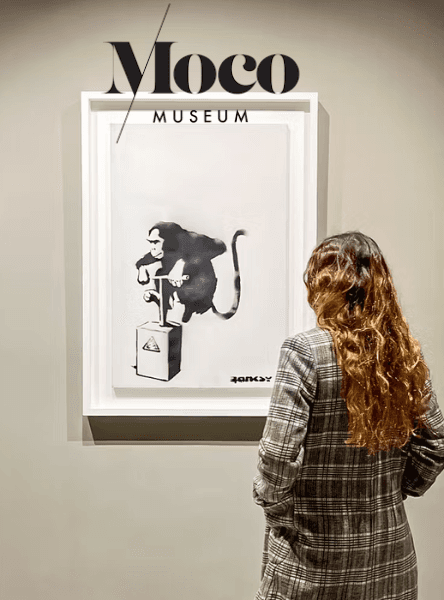 A woman examines a work of art by Banksy at Barcelona's Moco Museum