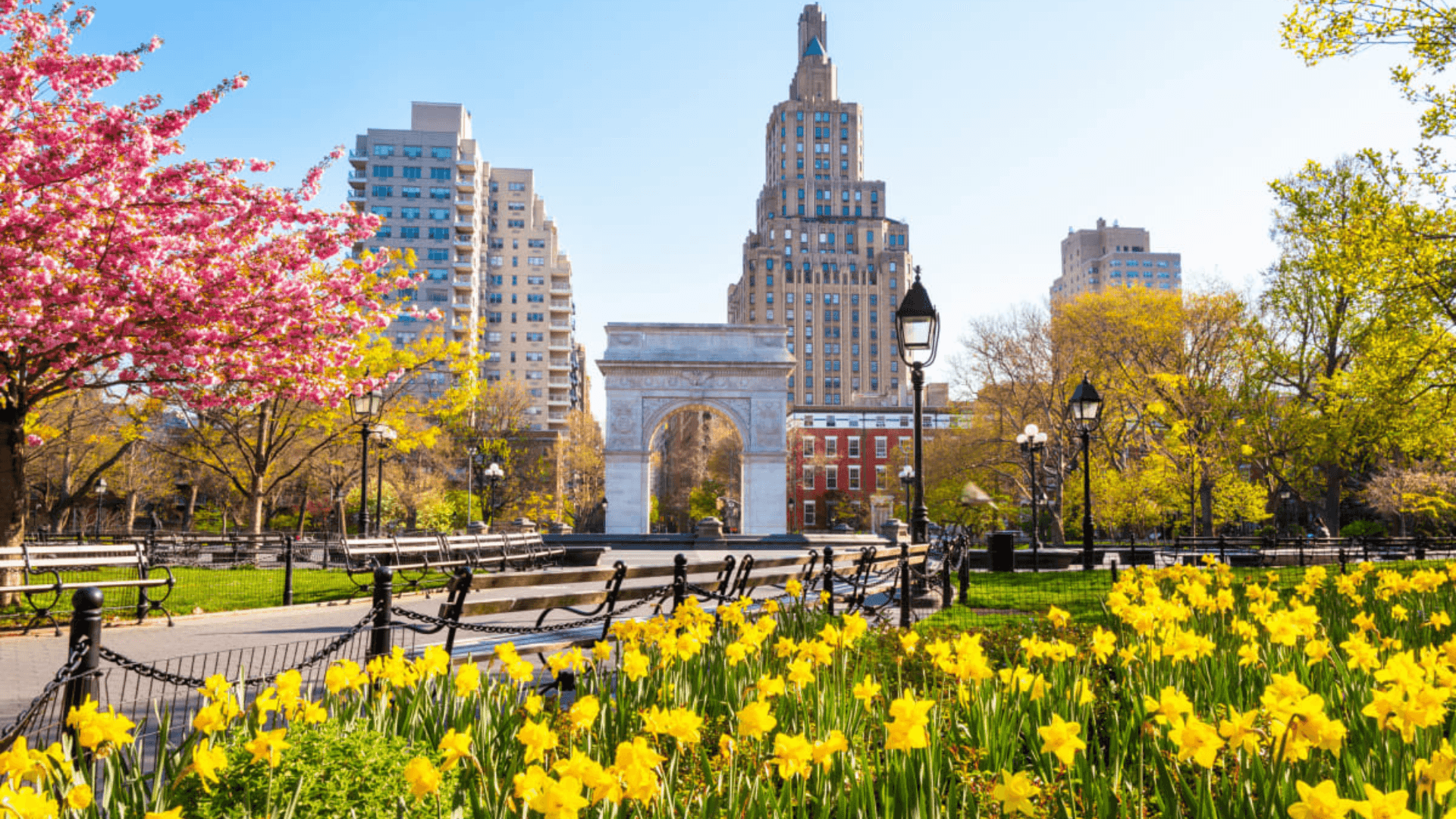 New York City with trees and flowers blooming in the Spring.