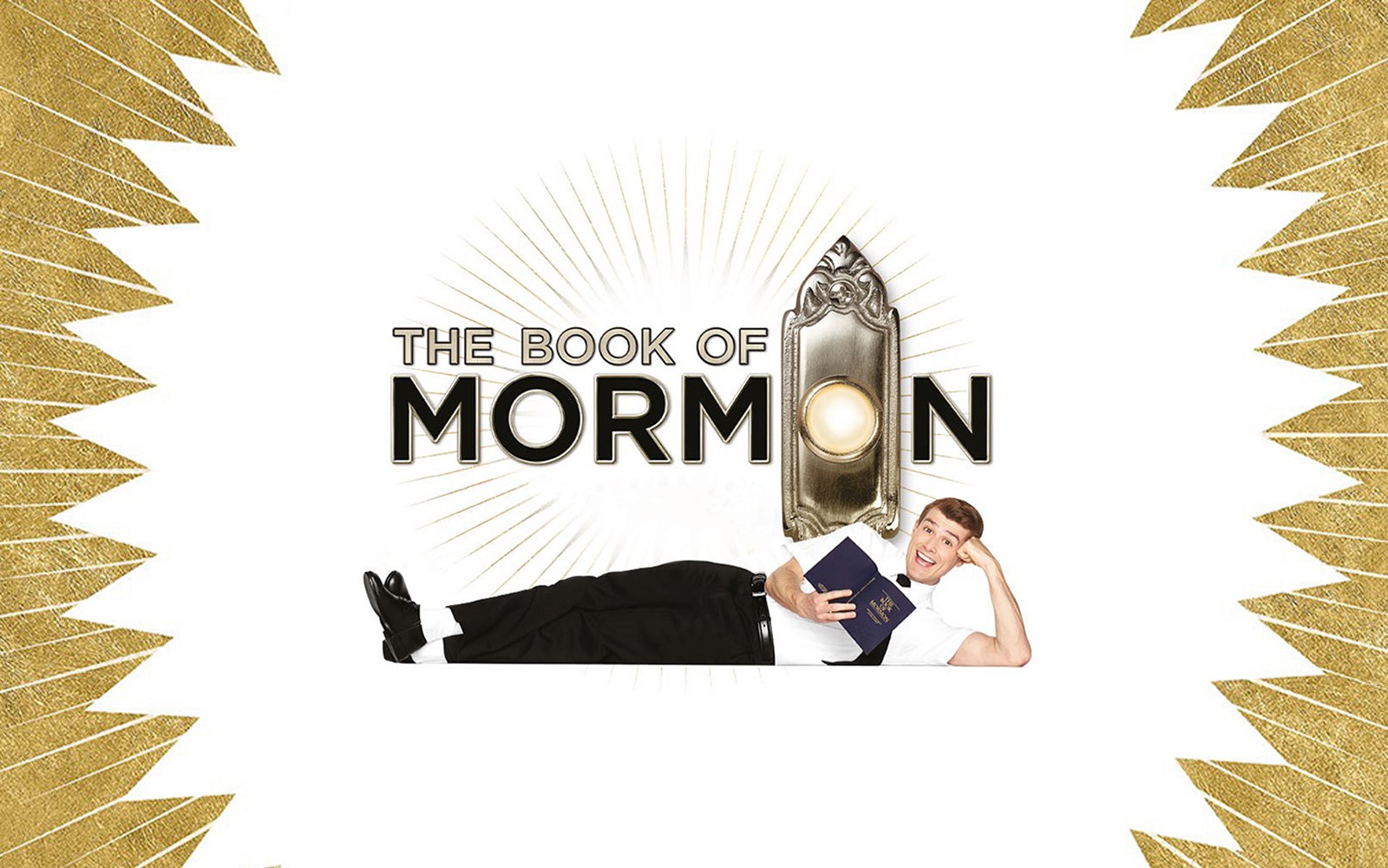The Book of Mormon logo with a smiling man holding a book.