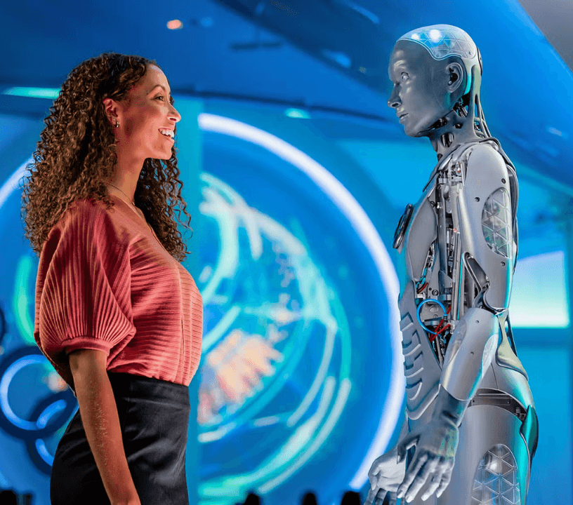 The Sphere Experience Las Vegas interactive atrium featuring holograms, AI robots, and cutting-edge exhibits.