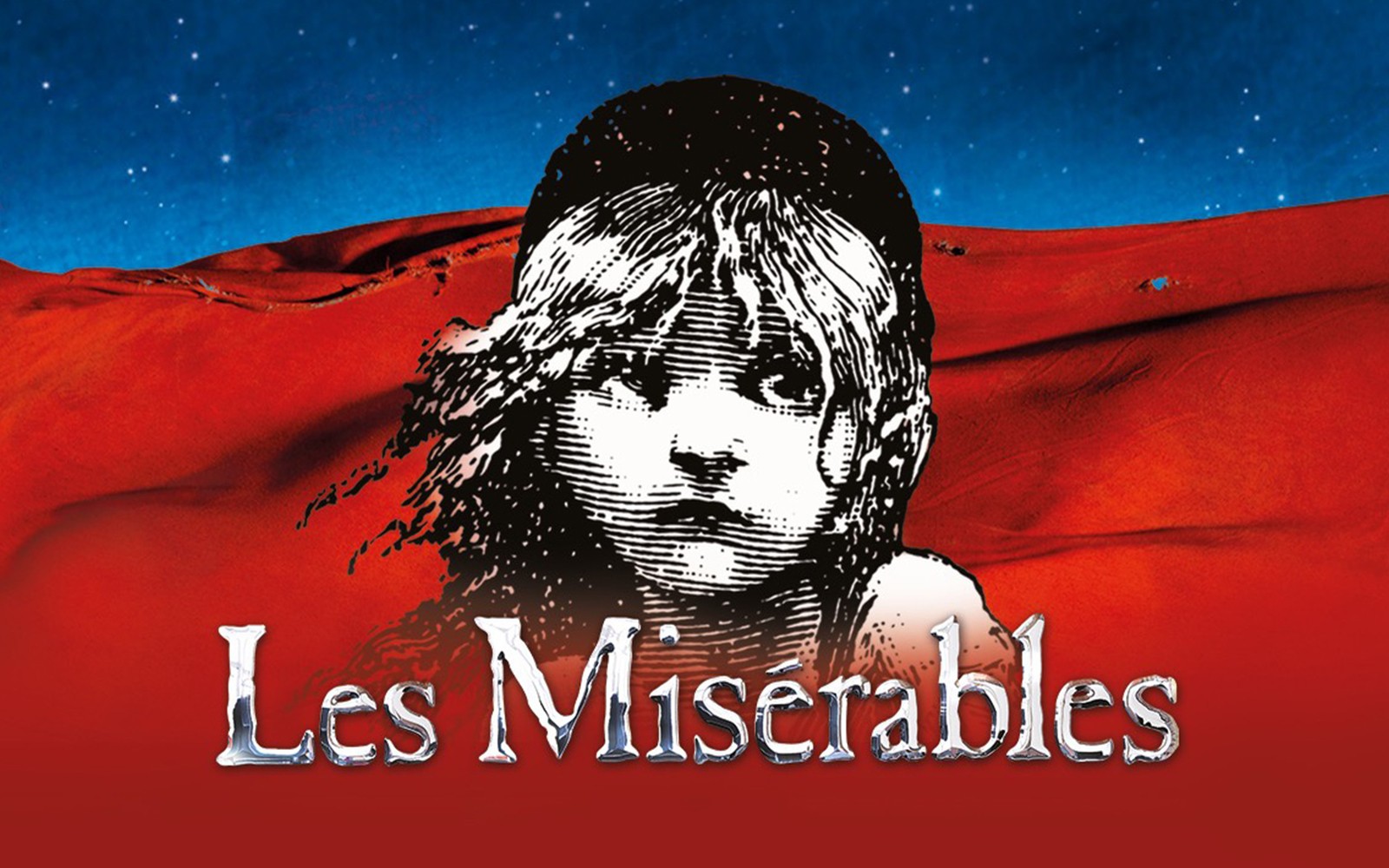 Les Miserables logo with a young girl's face against a red and blue background.