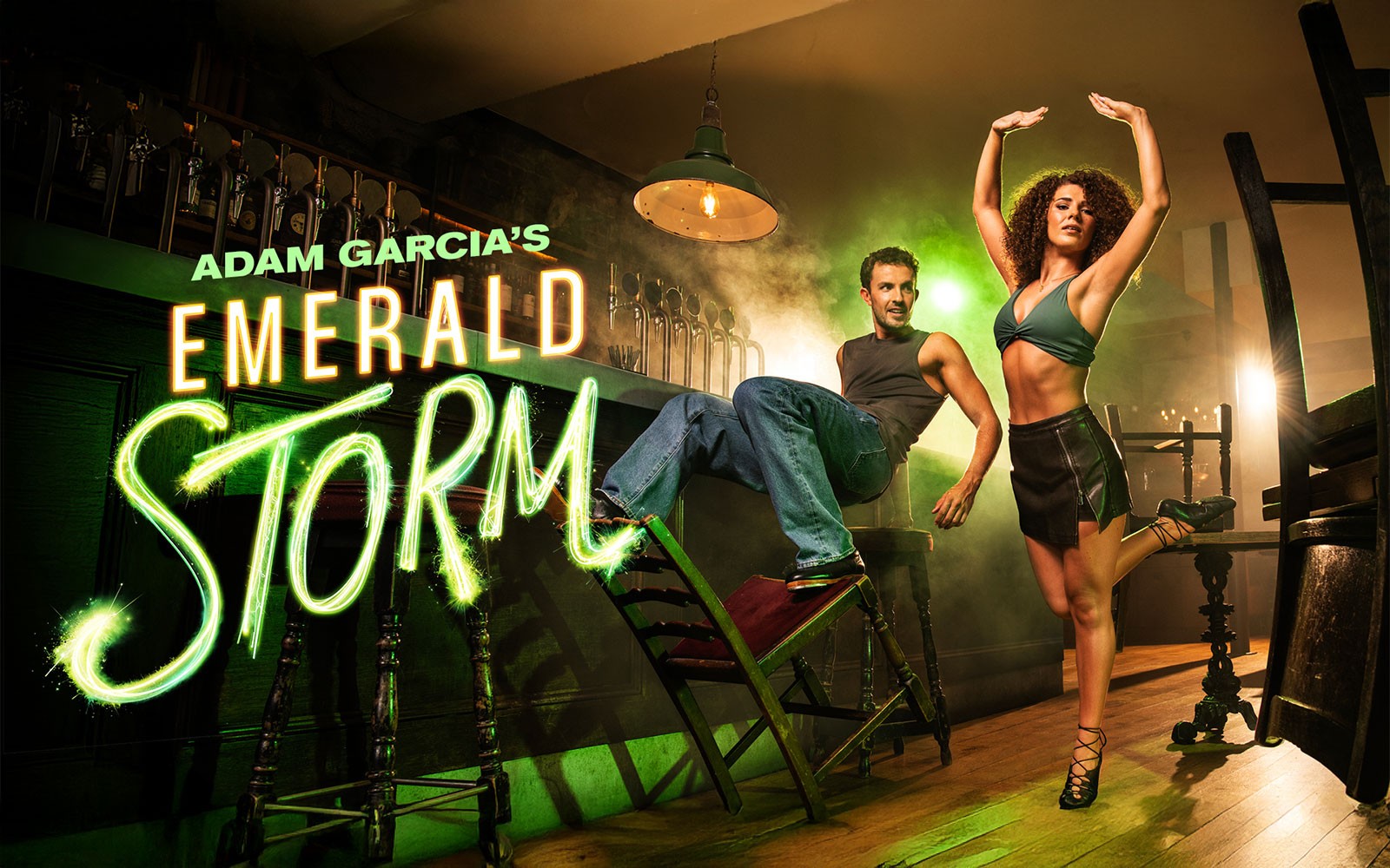 Dancers performing in a bar setting for Emerald Storm Westend show poster.
