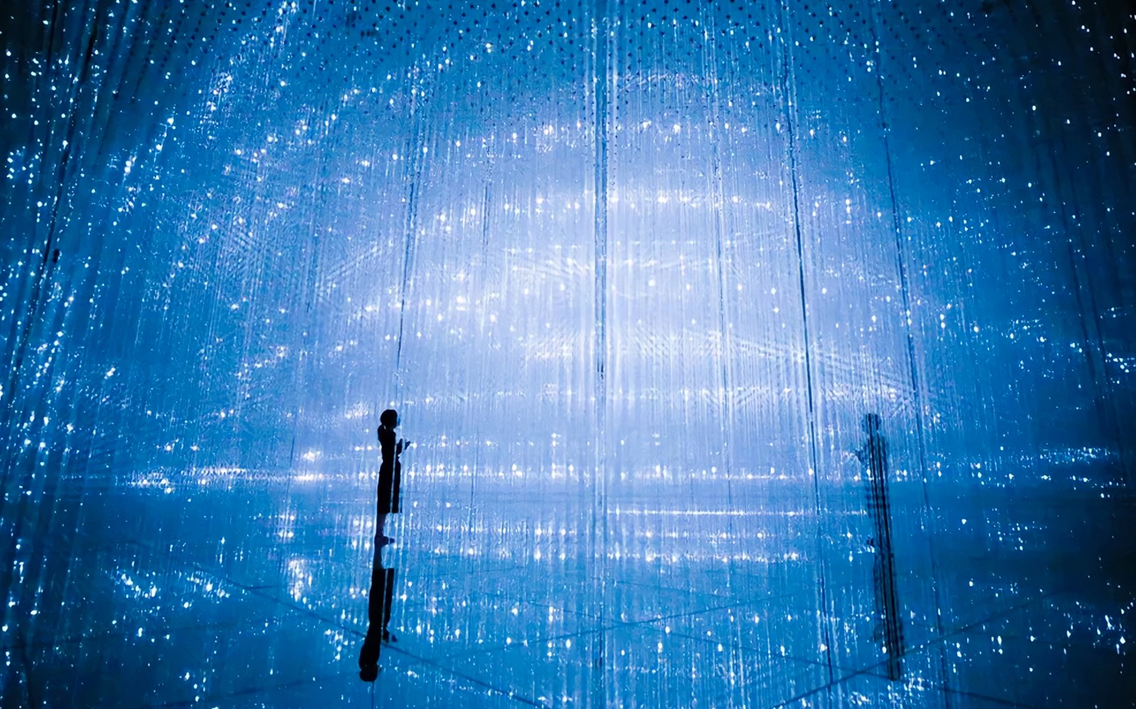 Two people stand backlit in front of a room covered in LED screens at Tokyo's teamLab Planets