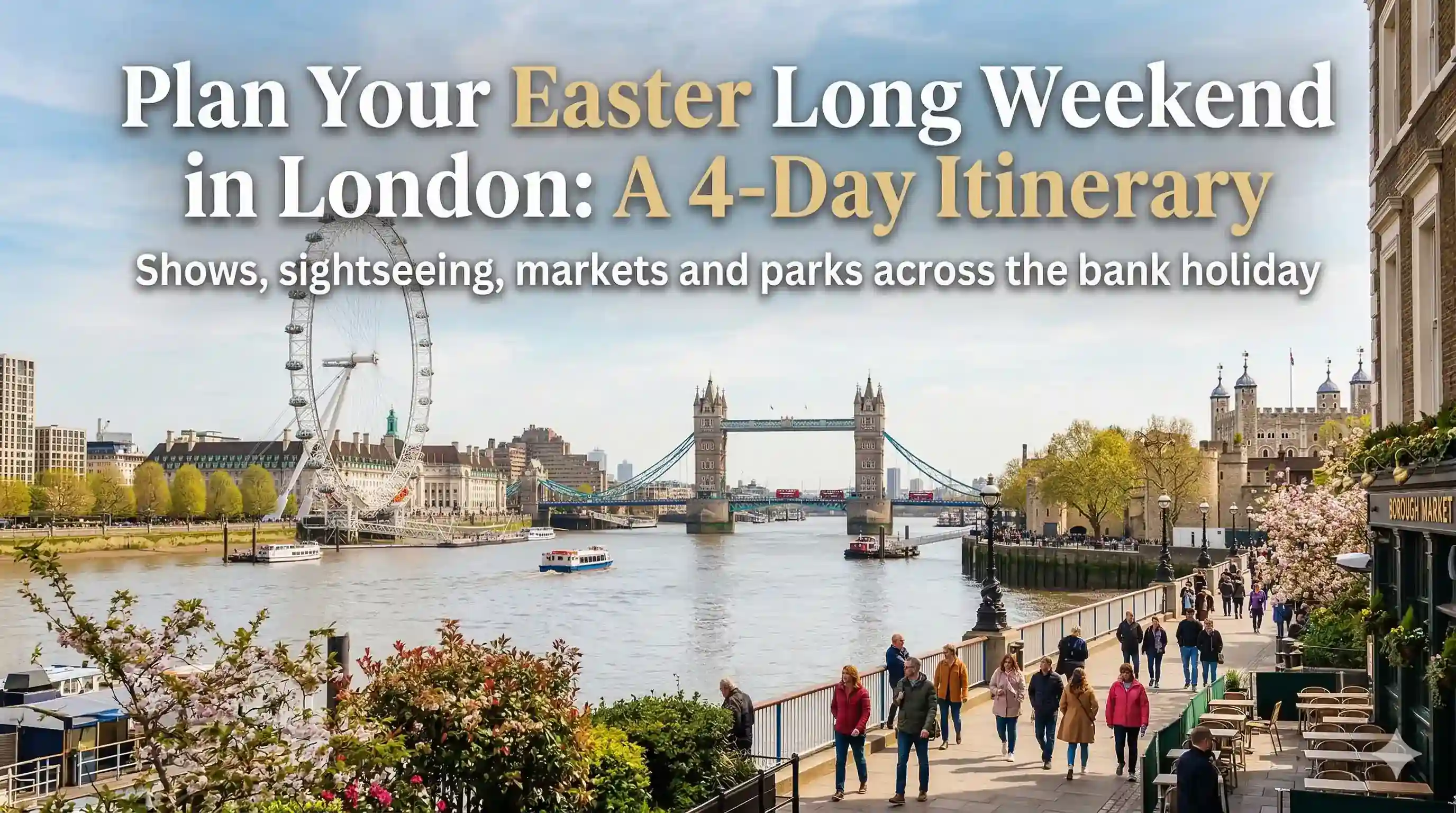 A day-by-day plan for Easter in London. West End shows, South Bank walks, Kew Gardens and more across the four-day bank holiday weekend.