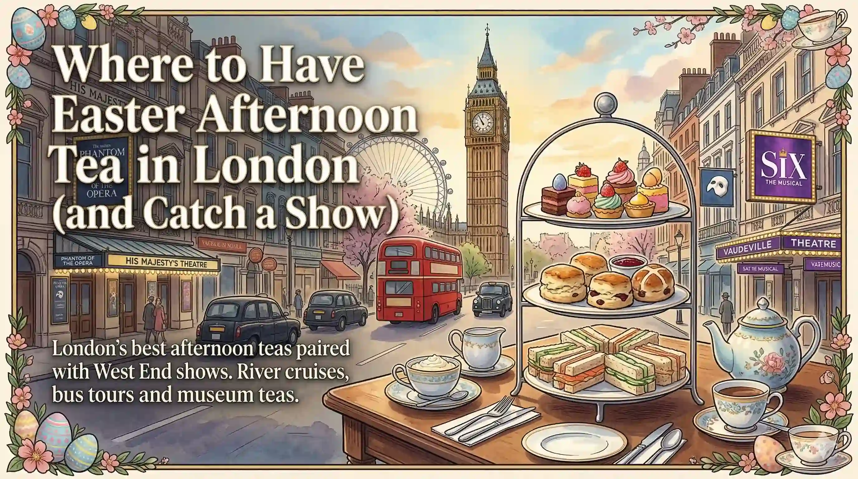 Afternoon tea followed by a West End show. Thames cruises, bus tours, museum teas and show pairings for Easter 2026.