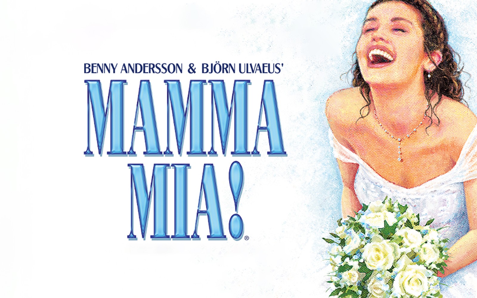 Mamma Mia! musical poster with a joyful bride holding a bouquet.