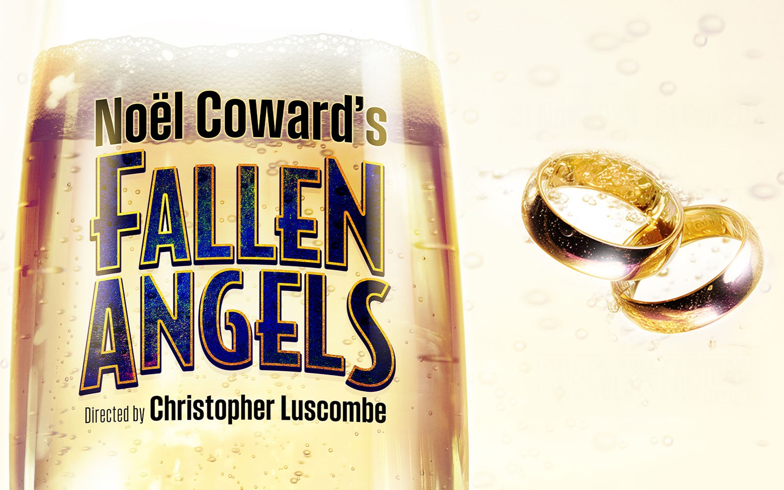 Noël Coward's "Fallen Angels" poster with champagne and wedding rings.