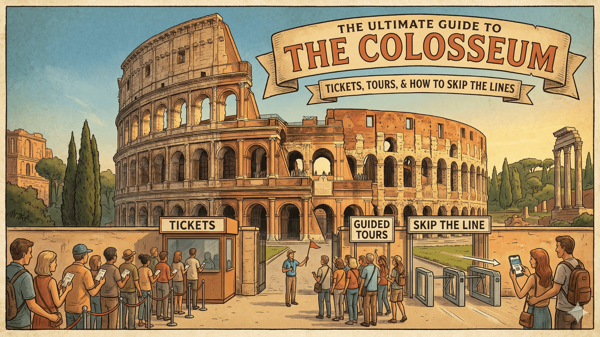 Traveller's guide to the Colosseum, getting tickets, booking tours and how to skip the lines.