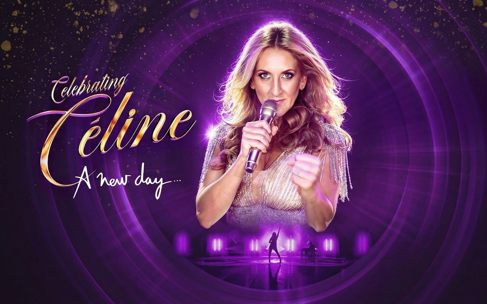 Celine - A New Day Westend show promotional image with singer holding a microphone.