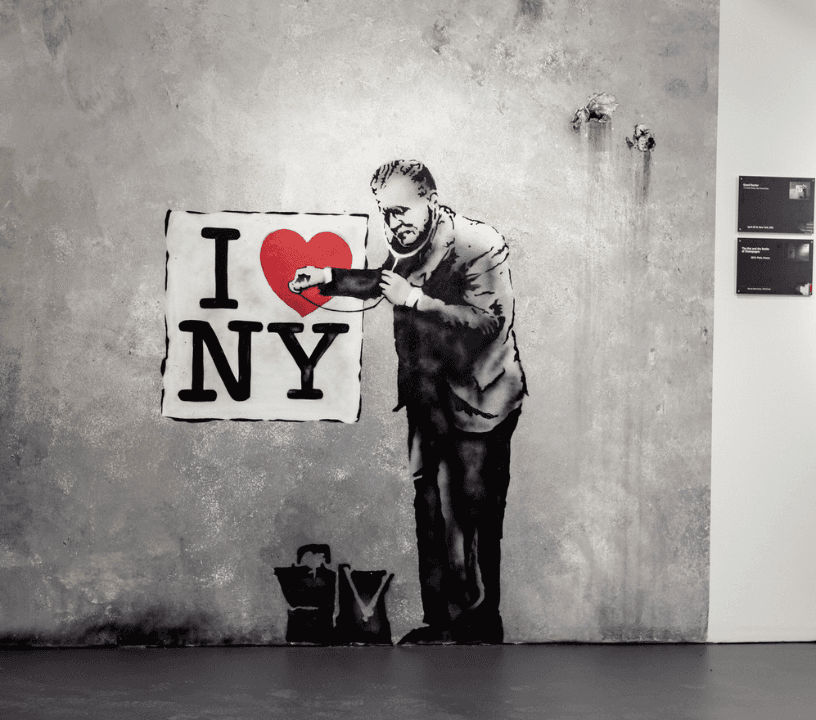 The Banksy Museum in New York City featuring iconic works of street art by the famous artist.